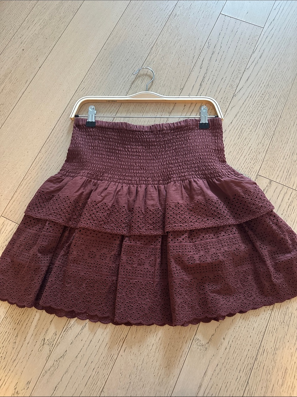 ME+EM Rust Brown Eyelet Smocked Tier Mini Skirt